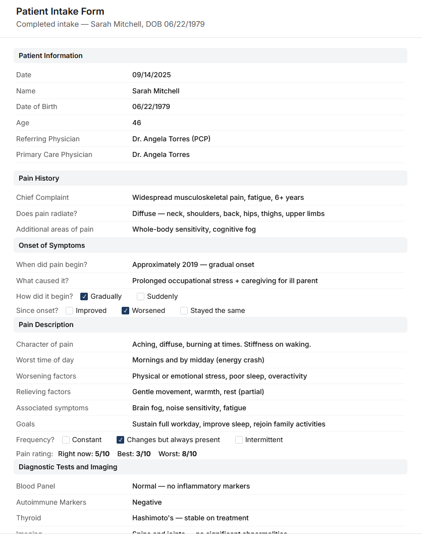 Patient intake form